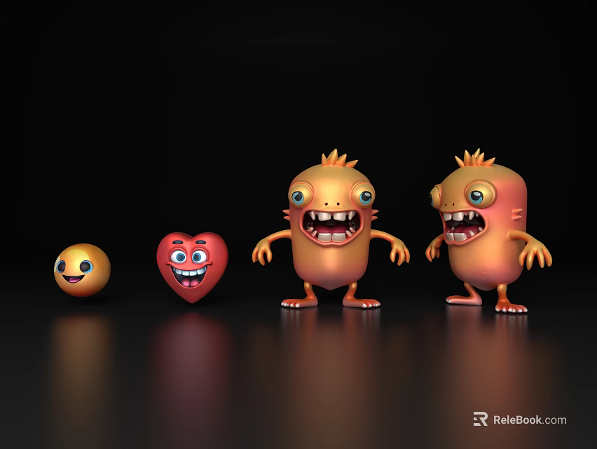 Cute Cartoon Characters Featuring Smiling Faces Heart Shape And Small Monsters 3d model