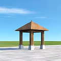 Wooden Roof Pergola With Columns And Stone Bases On Green Lawn And Paved Ground