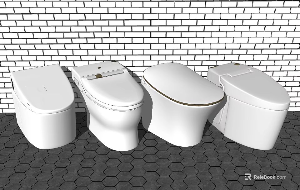 Different White Toilet Models Displayed Against Brick Wall With Hexagonal Tiles 3d model