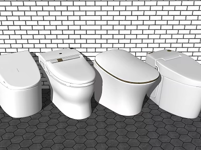 Different White Toilet Models Displayed Against Brick Wall With Hexagonal Tiles 3d model