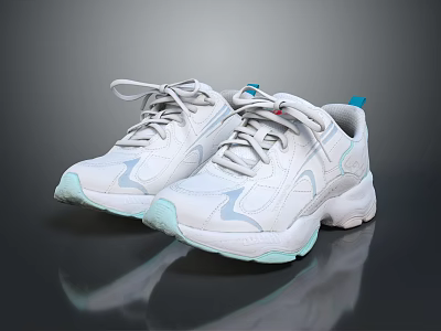 White Lace Up Sneakers with Light Blue and Mint Green Accents Modern Casual Athletic Style 3d model