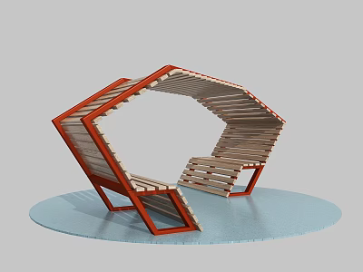 Modern Outdoor Chair With Hexagonal Wooden Slats And Red Metal Frame For Garden Patio 3d model