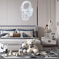 Modern Kids Room Featuring Bed Desk Bookshelves Stuffed Toys Astronaut Wall Decal And Pendant Lights