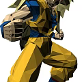 Game Movie Character with Long Spiky Hair in Dynamic Battle Pose Yellow Pants Blue Outfit