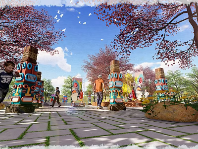 Vibrant Park Landscape With Colorful Totem Poles Cherry Blossom Trees And People Walking 3d model