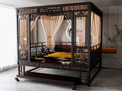 Traditional Chinese Style Double Bed with Intricate Carved Dark Wood Frame and Light Canopy Curtains 3d model