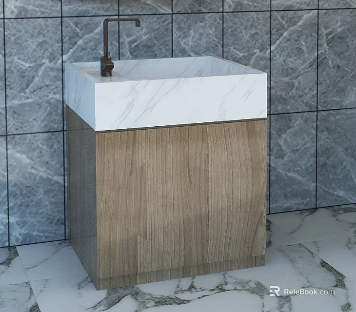 Elegant Bathroom Vanity Featuring White Marble Countertop And Wooden Cabinet With Gray Tiled Wall 3d model 