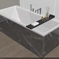 Sleek Black Marble Freestanding Bathtub With Black Tray And Toiletries Near Window With Blinds