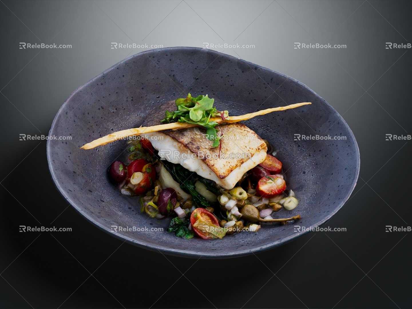 Fish and vegetable dishes food model