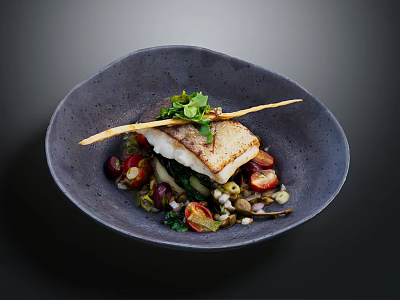 Pan-Seared Cod Fillet with Fresh Herbs Cherry Tomatoes and Greens in Dark Bowl 3d model