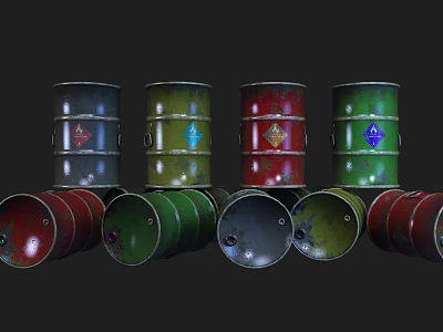 Industrial Metal Drums With Red Green Blue Gray Colors And Storage Design 3d model