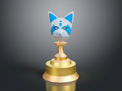 Blue And White Cat Face Mask Fashion Accessory With Gold Base Display Stand 3d model