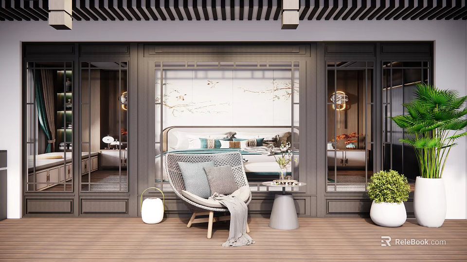 Modern Leisure Chair on Wooden Floor Balcony with Soft Throw Pillows and Side Table 3d model 