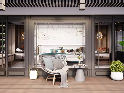Modern Leisure Chair on Wooden Floor Balcony with Soft Throw Pillows and Side Table 3d model