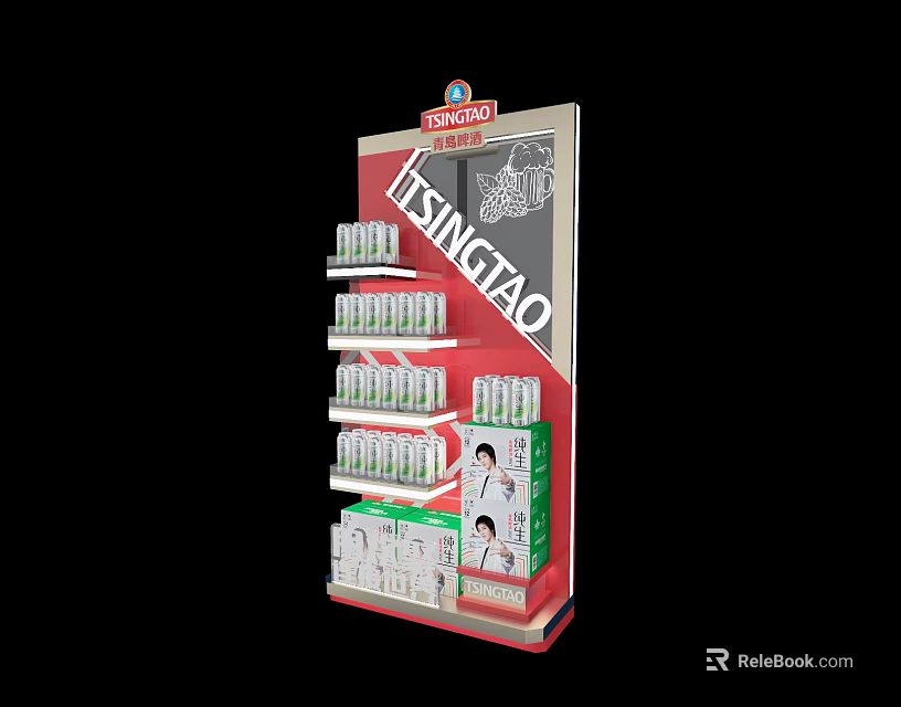 Tsingtao Beer Display Shelf With Red Design Multiple Layers And Canned Drinks 3d model