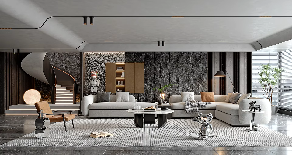 Modern Living Room Interior Design Featuring Stone Wall Bookshelf L shaped Sofa And Coffee Table 3d model 