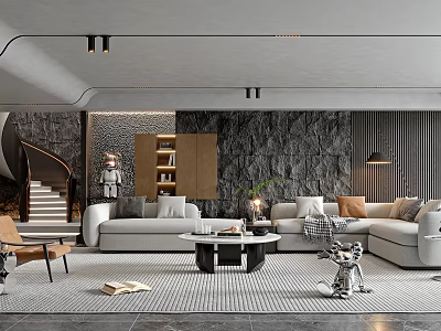 Modern Living Room Interior Design Featuring Stone Wall Bookshelf L shaped Sofa And Coffee Table 3d model