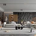 Modern Living Room Interior Design Featuring Stone Wall Bookshelf L shaped Sofa And Coffee Table