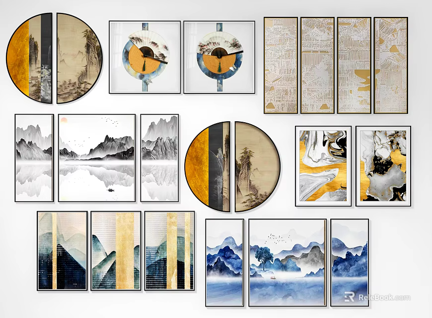Various Chinese Ink Landscape Artworks With Round And Rectangular Frames In Gold Blue Tones 3d model