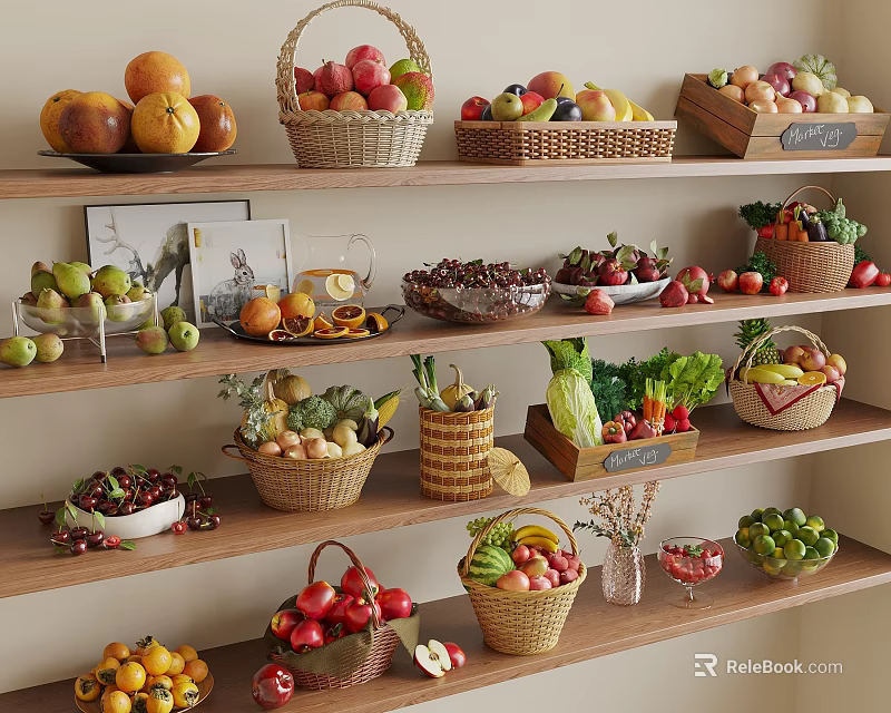 Fresh Fruits Display on Wooden Shelves with Baskets of Apples Oranges Peaches Grapes and Bananas 3d model 