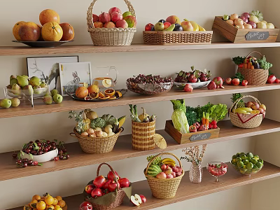 Fresh Fruits Display on Wooden Shelves with Baskets of Apples Oranges Peaches Grapes and Bananas 3d model