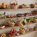 Fresh Fruits Display on Wooden Shelves with Baskets of Apples Oranges Peaches Grapes and Bananas