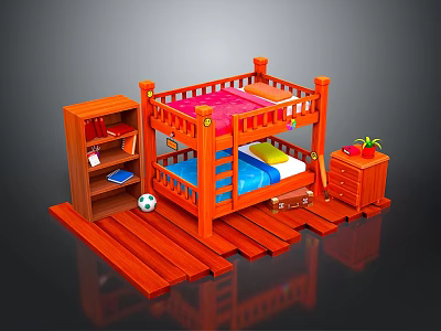 Wooden Bunk Bed Kids Bedroom With Bookshelf Nightstand And Pink Blue Mattresses 3d model