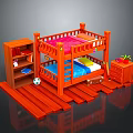 Wooden Bunk Bed Kids Bedroom With Bookshelf Nightstand And Pink Blue Mattresses