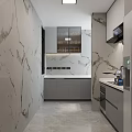 Modern Gray Kitchen Interior With Marble Countertops Oven Stove Refrigerator And Window Blinds