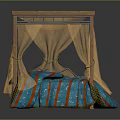 Double Bed With Wooden Frame Metal Railings Beige Patterned Canopy And Blue Orange Bedspread