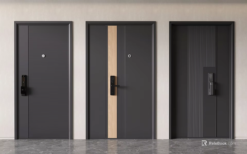 Modern Security Doors With Three Different Designs Wooden Strip And Black Finish 3d model 
