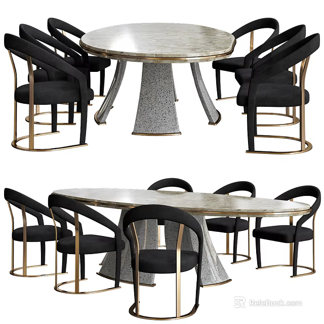 Modern Round And Oval Dining Table Set With Marble Top Black Chairs And Metal Frame 3d model 