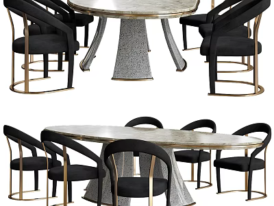 Modern Round And Oval Dining Table Set With Marble Top Black Chairs And Metal Frame 3d model