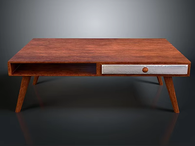 Modern Wooden Coffee Table With Slender Legs And Silver Drawer Smooth Surface 3d model