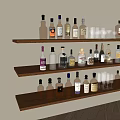 Elegant Wine Bottles and Glasses Collection on Wooden Shelves with Different Liquor Types