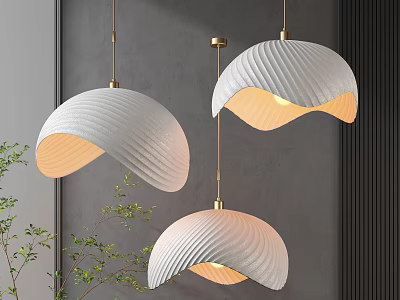 Three White Shell Shaped Pendant Lights With Wavy Texture And Golden Chains Against Gray Wall 3d model