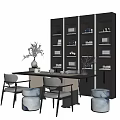 Modern Tea Table and Chairs with Tea Sets Bookshelves Books and Vase Decorations