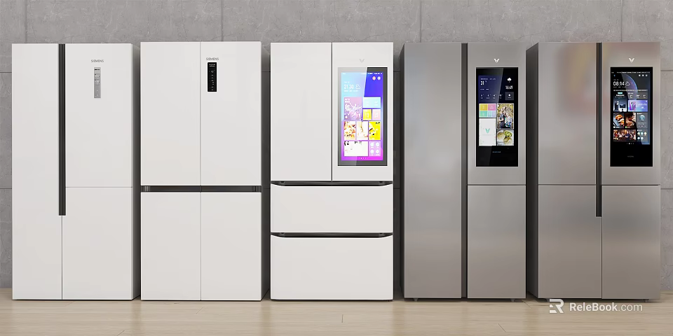 Modern Refrigerators With Sleek Designs Various Colors And Smart Display Features 3d model 