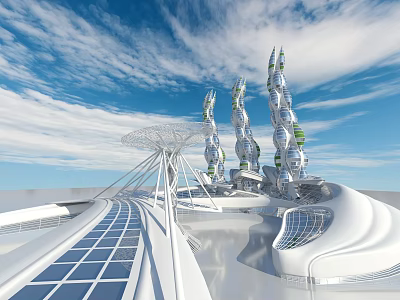 Futuristic Architectural Complex With Spiral Towers White Design Solar Panels And Cloudy Blue Sky 3d model