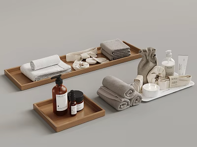 Organized Bathroom Essentials With Rolled Towels On Wooden Trays And Toiletries 3d model