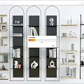 Modern Bookcases With Metal Frames Wooden Shelves Books Vases Sculptures And Camera