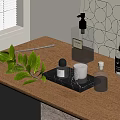 Perfume and Cosmetics Display on Wooden Table with Green Plants Window and Geometric Wall Decor