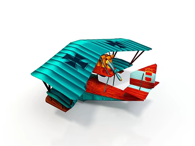 Vintage Biplane Model With Blue Wings Red Body And Wooden Structure 3d model