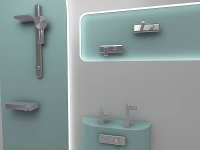 Sleek Modern Bathroom Fixture Set With Faucet Shelf Hooks And Towel Rack 3d model