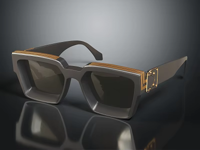 Stylish Square Sunglasses With Dark Frame Gold Accent And Wooden Trim 3d model