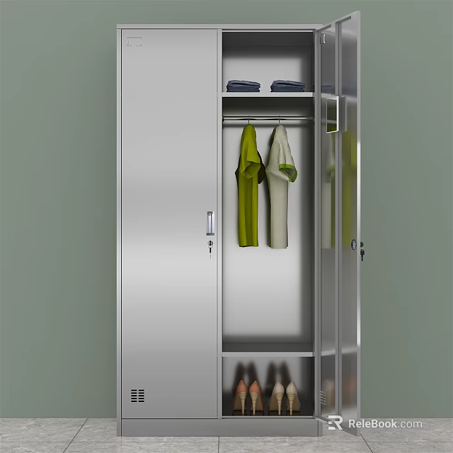 Sleek Silver Metal Wardrobe With Glass Door Hanging Clothes Folded Items And Shoes 3d model 
