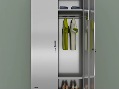 Sleek Silver Metal Wardrobe With Glass Door Hanging Clothes Folded Items And Shoes 3d model
