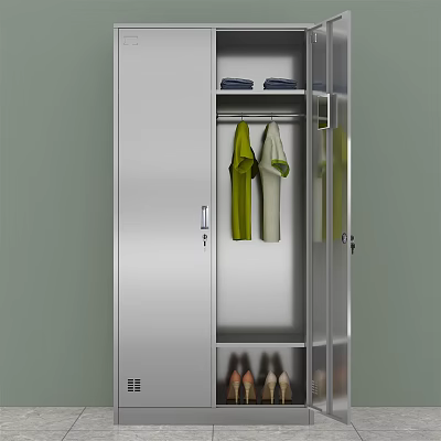 Sleek Silver Metal Wardrobe With Glass Door Hanging Clothes Folded Items And Shoes 3d model