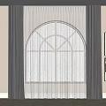 Arched Window Curtains with Double Layer Dark Vertical Stripes Sheer Inner and Abstract Paintings