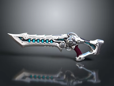 Fantasy Decorative Sword With Silver Metal Blade Blue Accents Red Handle And Intricate Mechanical Design 3d model